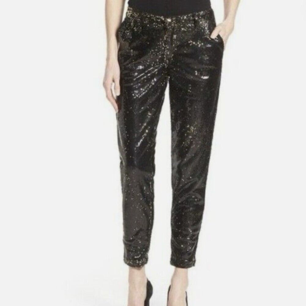 CJ by Cookie Johnson Black‎ Bronze metalic Sequin trouser ankle pants 8 Classy